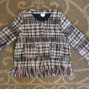 Anthropologie Multicolor Plaid Fringe jacket blazer women’s size XL 3/4 sleeves
